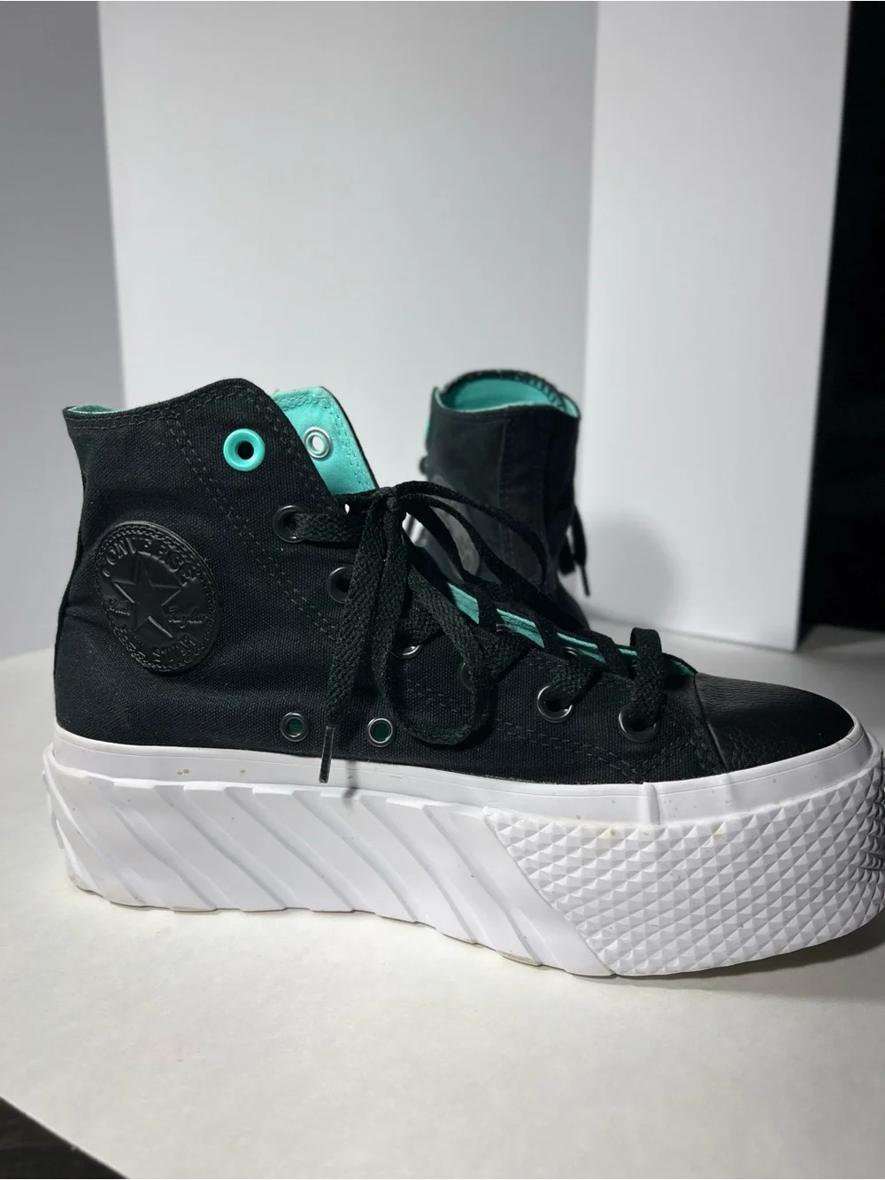 Black Converse High-Top Platform Sneakers with faux leather and Teal Accents